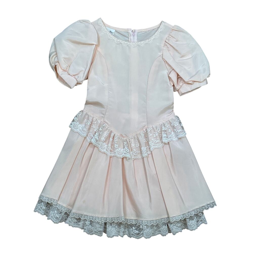 Vintage 80s Amy Too! Byer California frilly dress puffy sleeves tier lace pink 7
